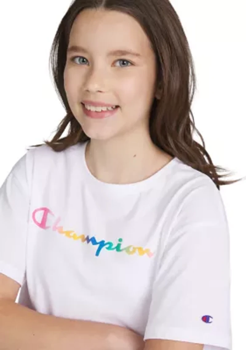Girls 7-16 Short Sleeve Rainbow Script Meet and Greet Graphic T-Shirt