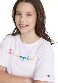 Girls 7-16 Short Sleeve Rainbow Script Meet and Greet Graphic T-Shirt