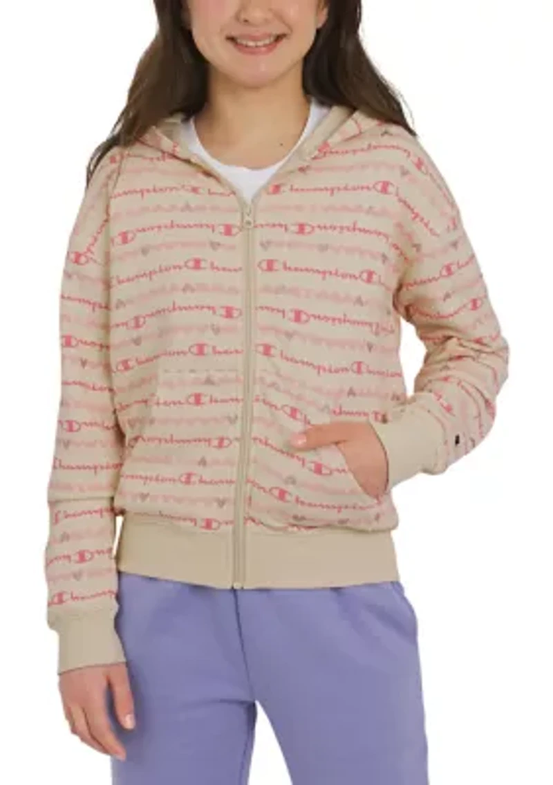 Girls 7-16 Allover Script Zip Up Hoodie