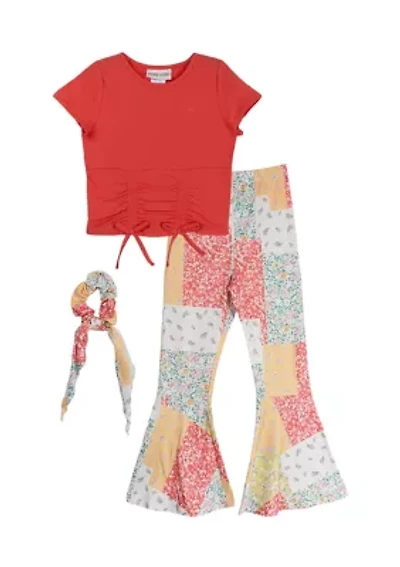 Girls 7-16 Ruched Top and Printed Pants Set with Scrunchie