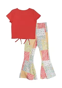 Girls 7-16 Ruched Top and Printed Pants Set with Scrunchie