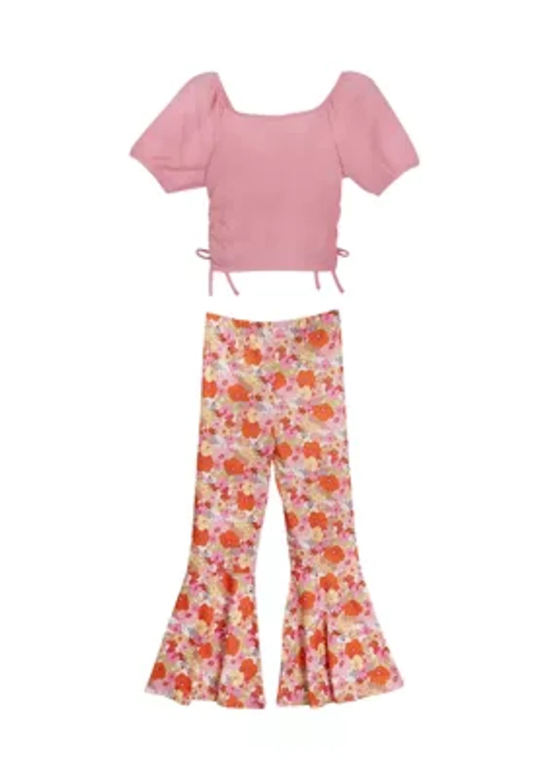 Girls 7-16 Ruched Top and Floral Printed Pants with Scrunchie