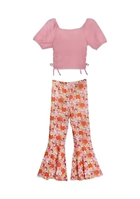 Girls 7-16 Ruched Top and Floral Printed Pants with Scrunchie