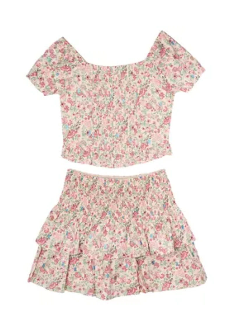Girls 7-16 Floral Smocked Top and Skort Set