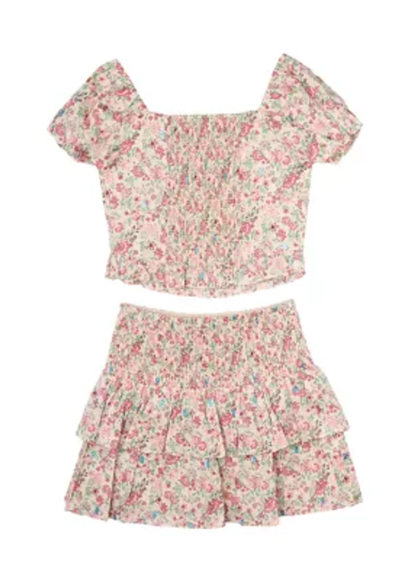 Girls 7-16 Floral Smocked Top and Skort Set