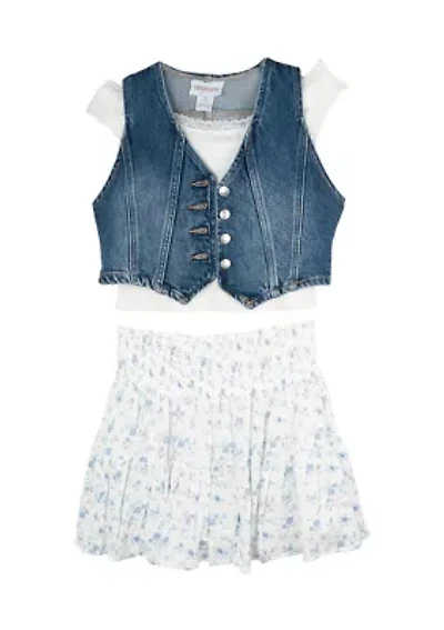Girls 7-16 Denim Vest and Floral Printed Skort Set
