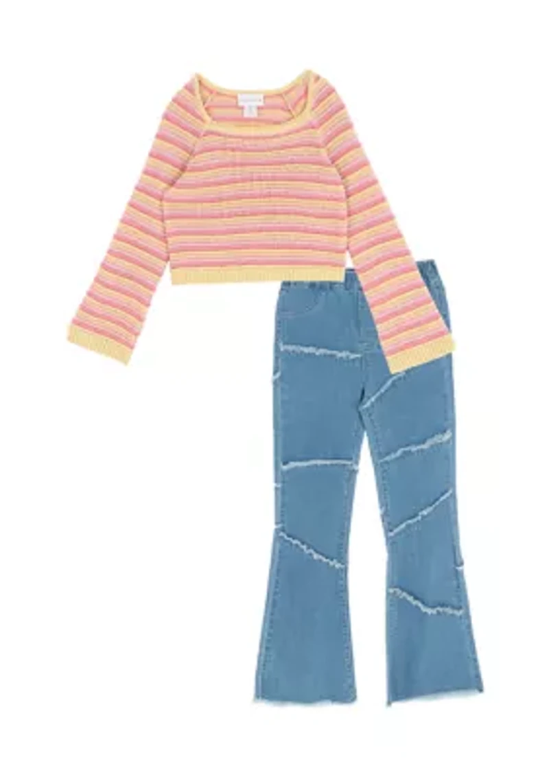Girls 7-16 Crochet Sweater and Jeans Set