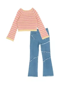 Girls 7-16 Crochet Sweater and Jeans Set