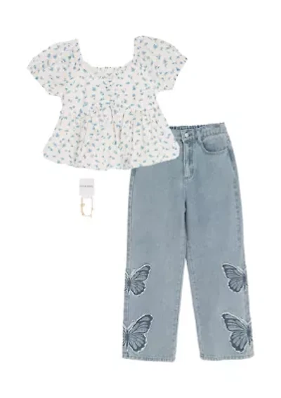 Girls 7-16 Floral Top and Butterfly Jeans Set