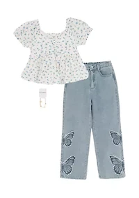 Girls 7-16 Floral Top and Butterfly Jeans Set