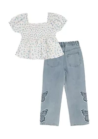 Girls 7-16 Floral Top and Butterfly Jeans Set