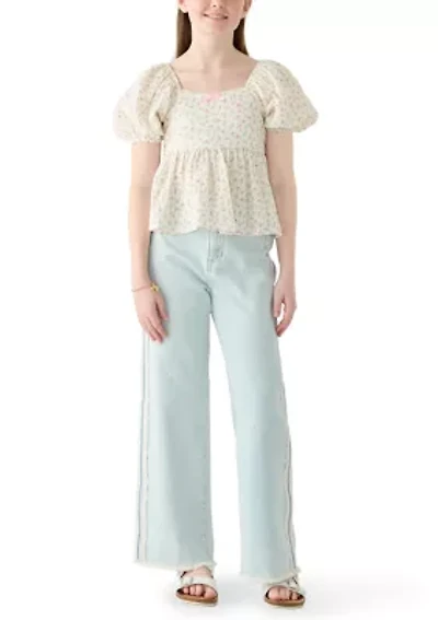 Girls 7-16 Floral Top Wide Leg Jeans Set