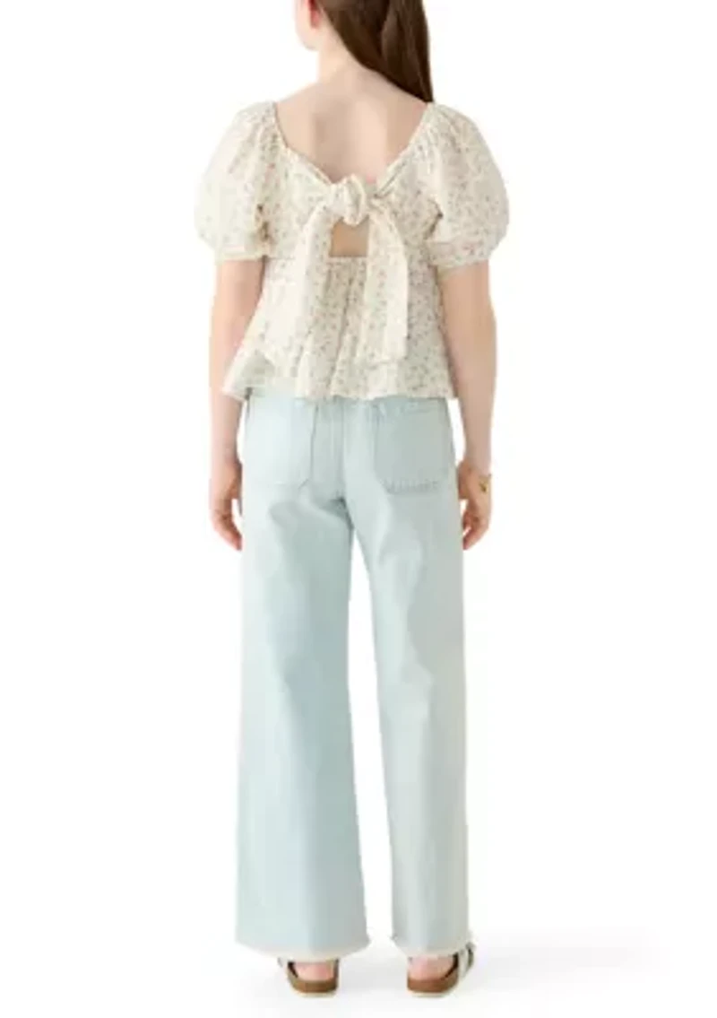 Girls 7-16 Floral Top Wide Leg Jeans Set