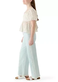 Girls 7-16 Floral Top Wide Leg Jeans Set