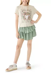 Girls 7-16 Cherry Shirt and Smocked Tiered Shorts Set