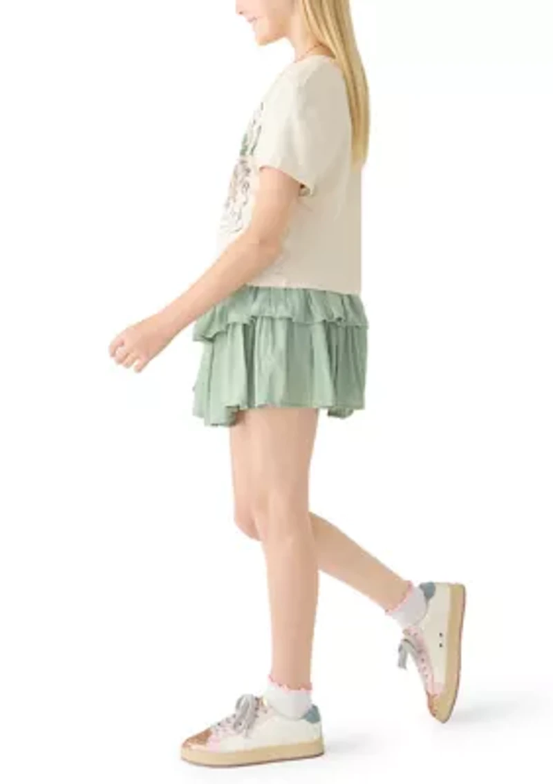 Girls 7-16 Cherry Shirt and Smocked Tiered Shorts Set
