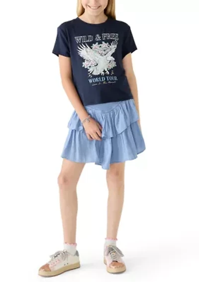 Girls 7-16 Wild Free Shirt and Smocked Tiered Skort Set