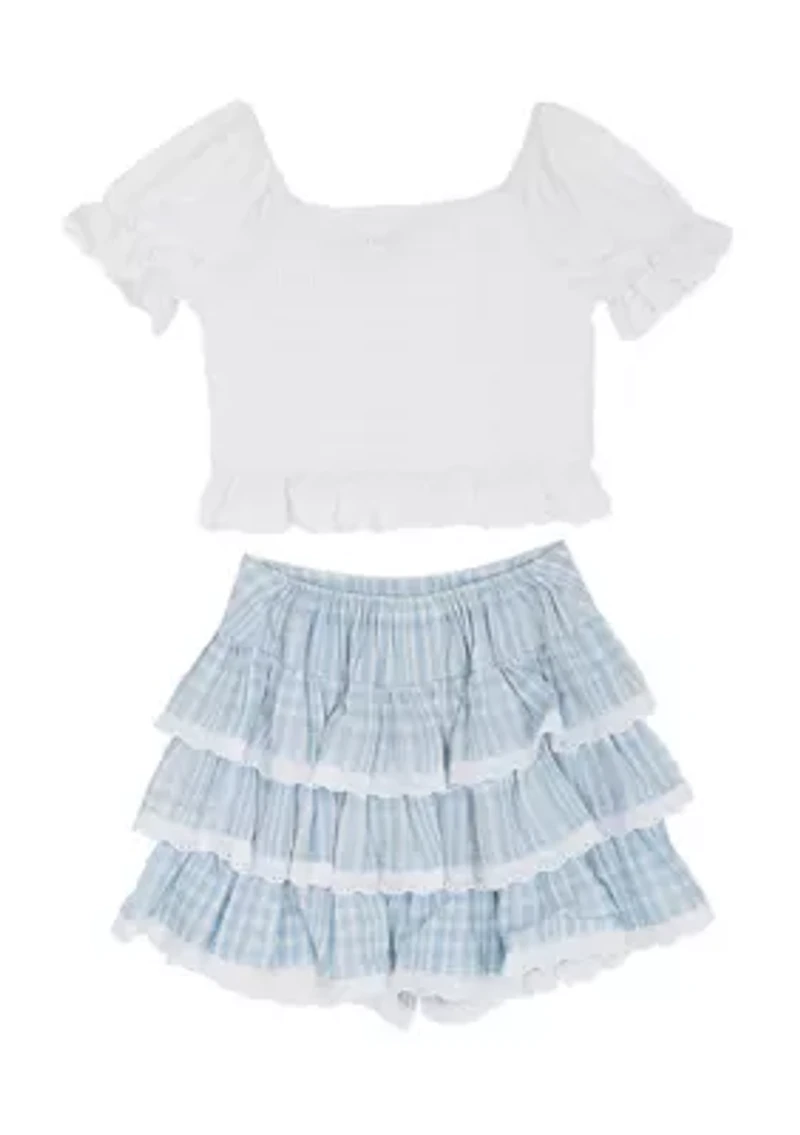 Girls 7-16 Smocked Top and Tiered Shorts Set