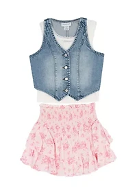 Girls 7-16 Denim Vest and Skort Set
