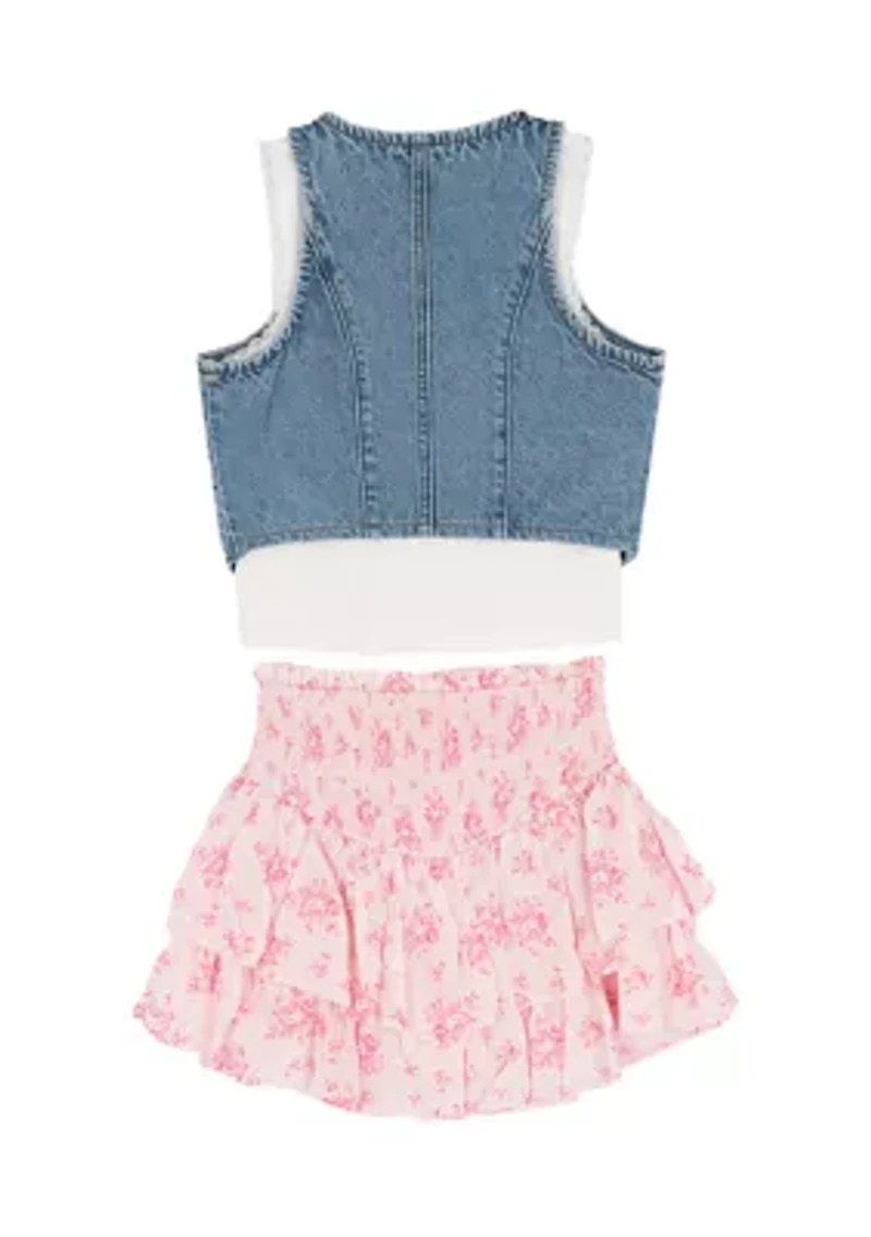 Girls 7-16 Denim Vest and Skort Set