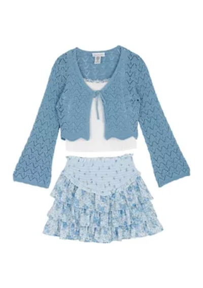 Girls 7-16 Blue Cardigan Tiered Floral Skirt Set