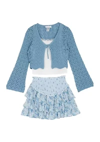 Girls 7-16 Blue Cardigan Tiered Floral Skirt Set
