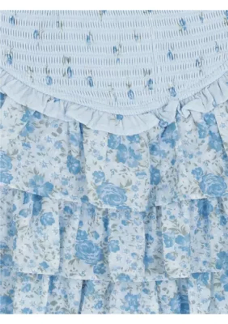 Girls 7-16 Blue Cardigan Tiered Floral Skirt Set