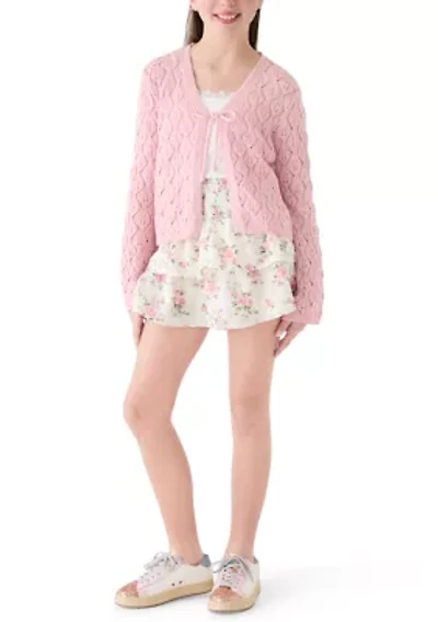 Girls 7-16 Pink Cardigan Tiered Floral Skirt Set