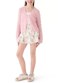 Girls 7-16 Pink Cardigan Tiered Floral Skirt Set