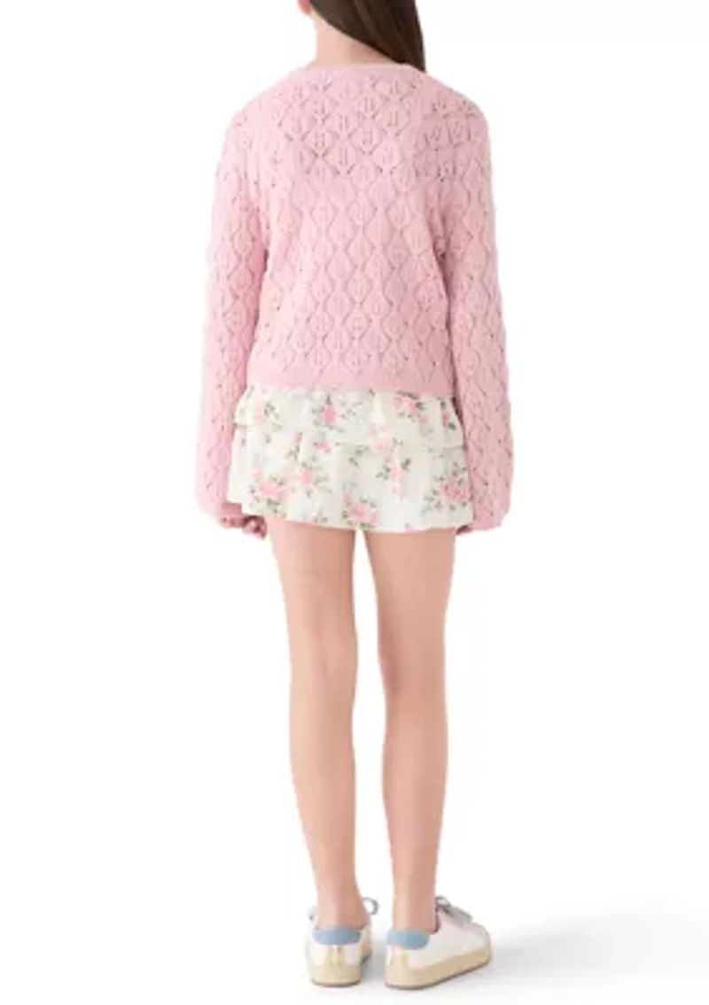 Girls 7-16 Pink Cardigan Tiered Floral Skirt Set