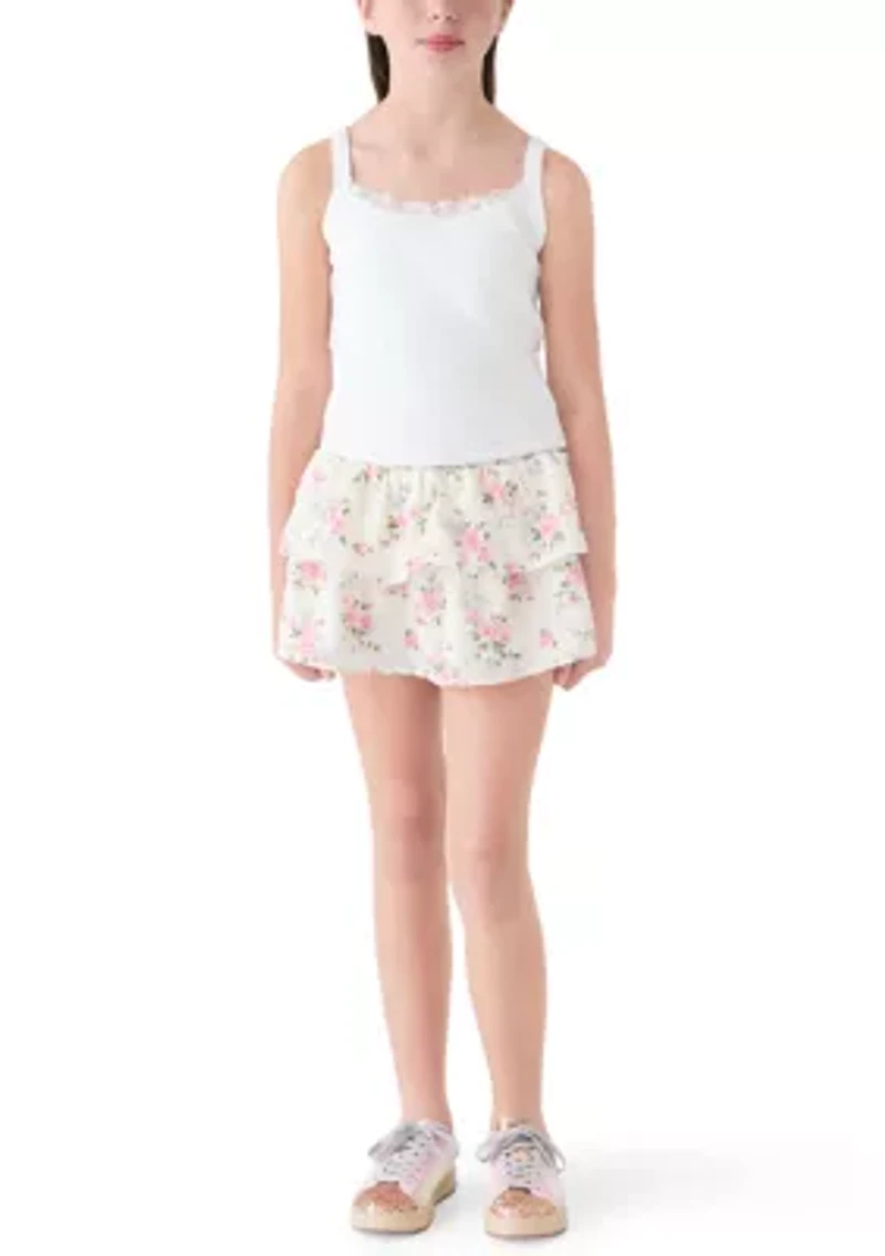 Girls 7-16 Pink Cardigan Tiered Floral Skirt Set