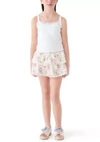 Girls 7-16 Pink Cardigan Tiered Floral Skirt Set