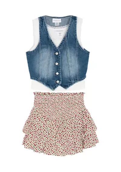 Girls 7-16 Denim Vest and Strawberry Print Skort Set