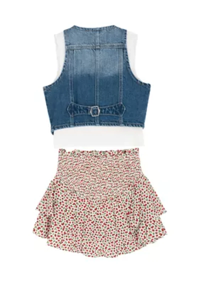 Girls 7-16 Denim Vest and Strawberry Print Skort Set