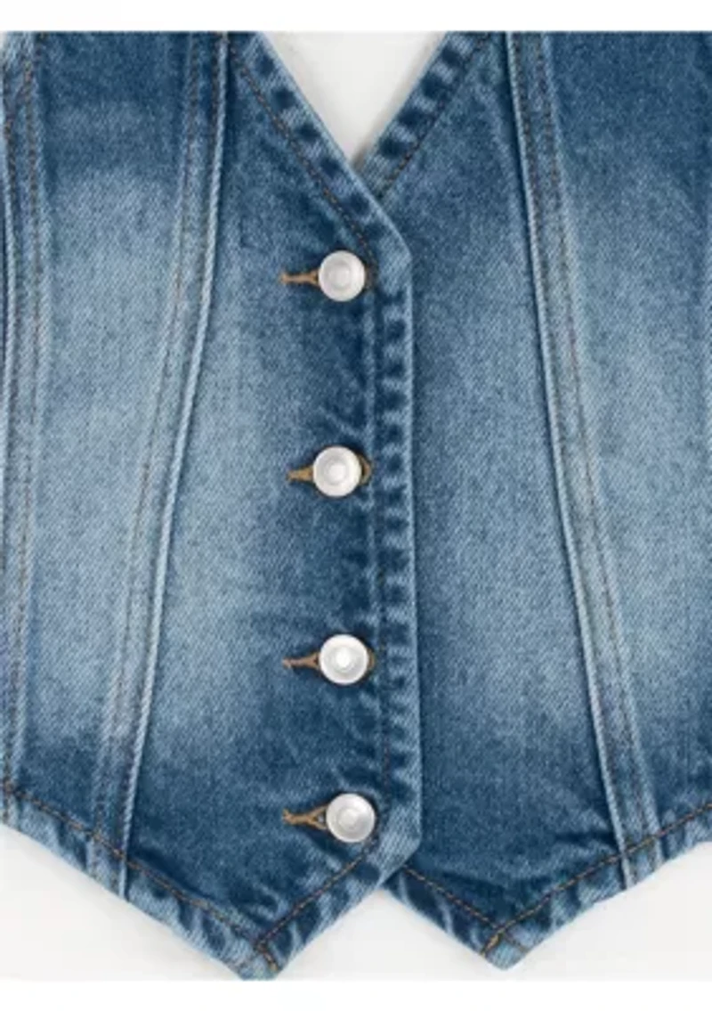 Girls 7-16 Denim Vest and Strawberry Print Skort Set