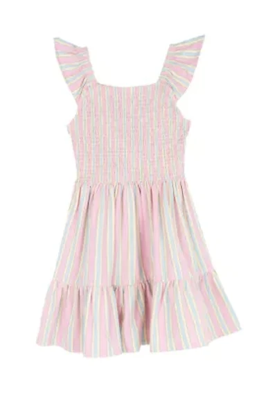 Girls 7-16 Striped Flutter Sleeve Smocked Dress