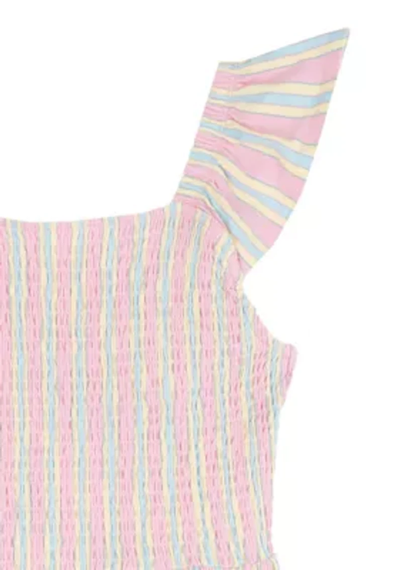 Girls 7-16 Striped Flutter Sleeve Smocked Dress