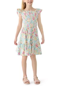Girls 7-16 Floral Flutter Sleeve Smocked Dress