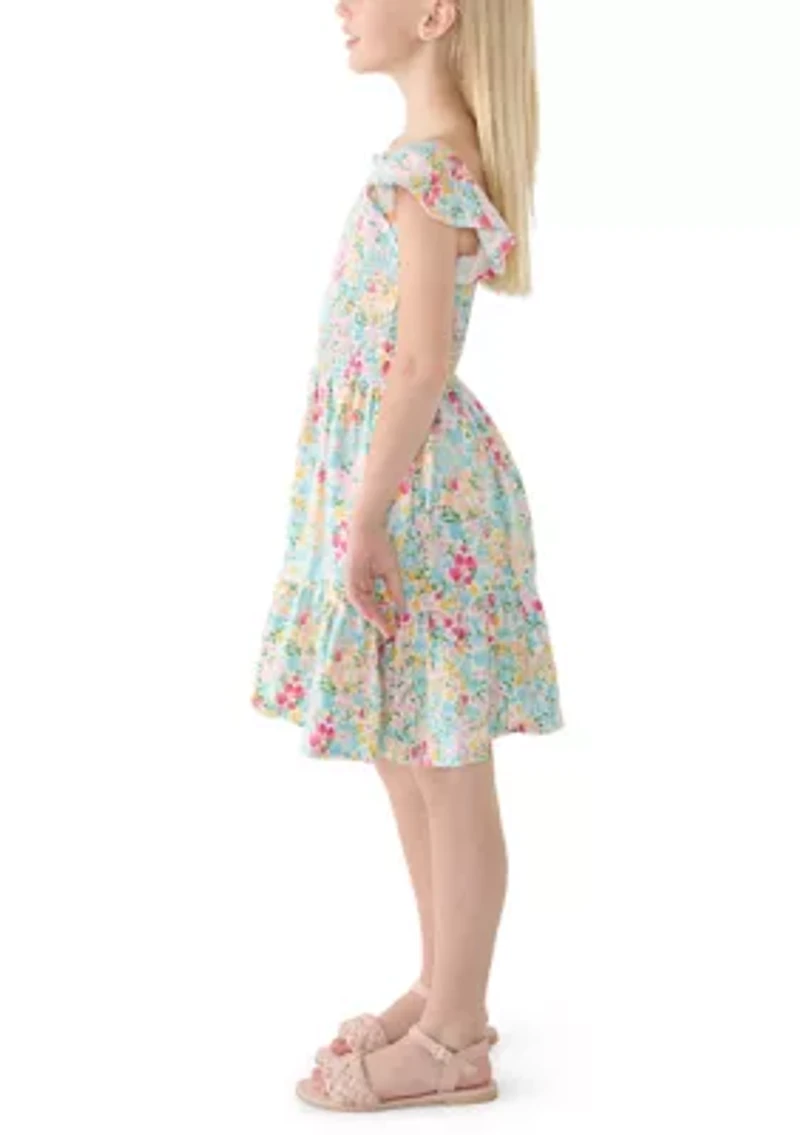 Girls 7-16 Floral Flutter Sleeve Smocked Dress
