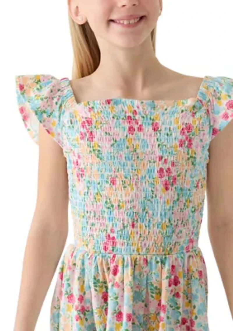 Girls 7-16 Floral Flutter Sleeve Smocked Dress