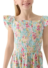 Girls 7-16 Floral Flutter Sleeve Smocked Dress