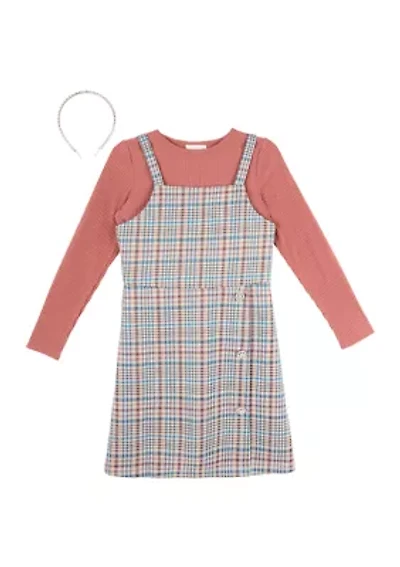 Girls 7-16 Plaid Printed Jumper Dress with Headband