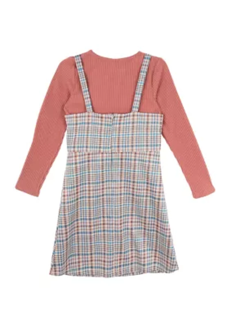Girls 7-16 Plaid Printed Jumper Dress with Headband