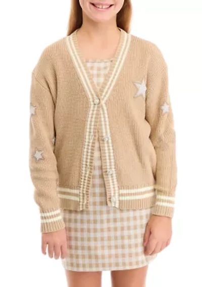 Girls 7-16 Rhinestone Varsity Cardigan and Printed Dress Set