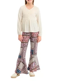 Girls 7-16 Ribbed Knit Babydoll Top and Flared Pants Set