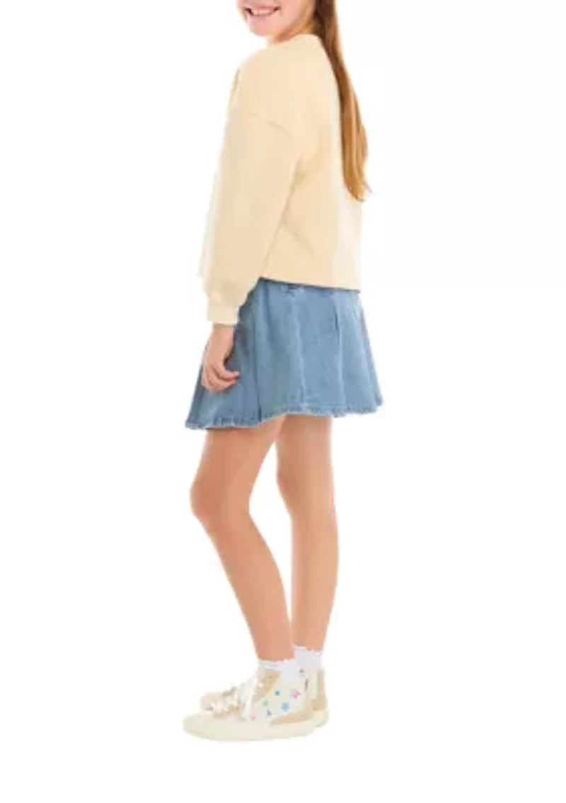 Girls 7-16 Graphic Sweatshirt and Pleated Denim Skirt Set
