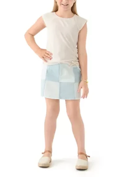 Girls 7-16 Short Sleeve Top and Patchwork Denim Skort