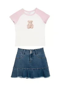 Girls 7-16 Bear Graphic T-Shirt and Denim Skort Set