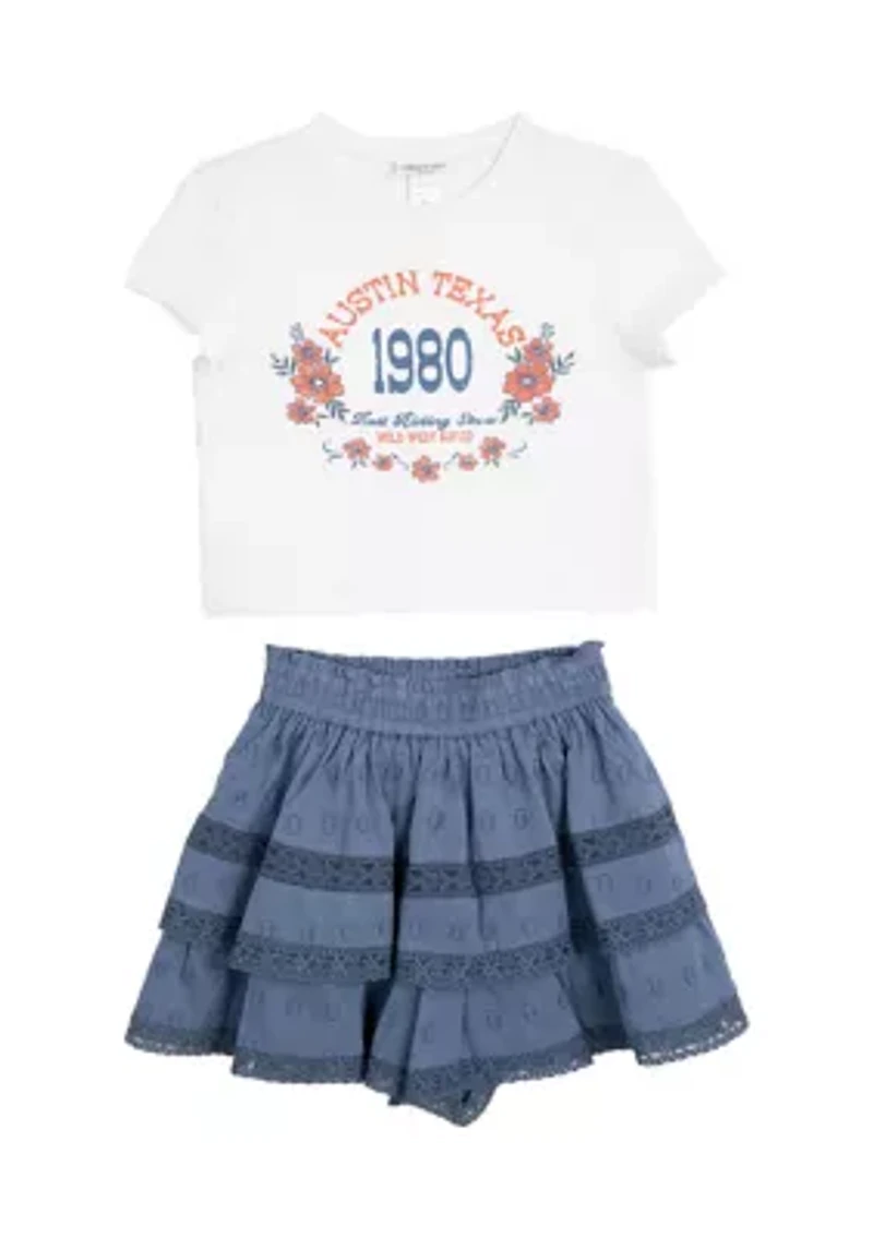 Girls 7-16 Austin Graphic T-Shirt and Tiered Ruffle Skort Set