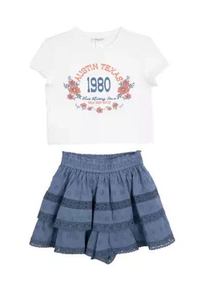 Girls 7-16 Austin Graphic T-Shirt and Tiered Ruffle Skort Set